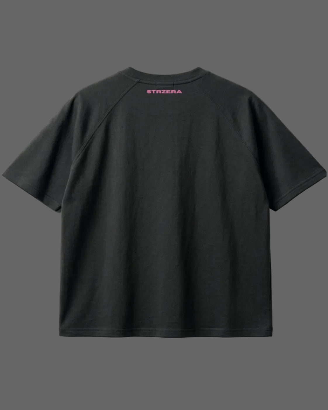 Black t-shirt with a brand logo on the back against a light gray background