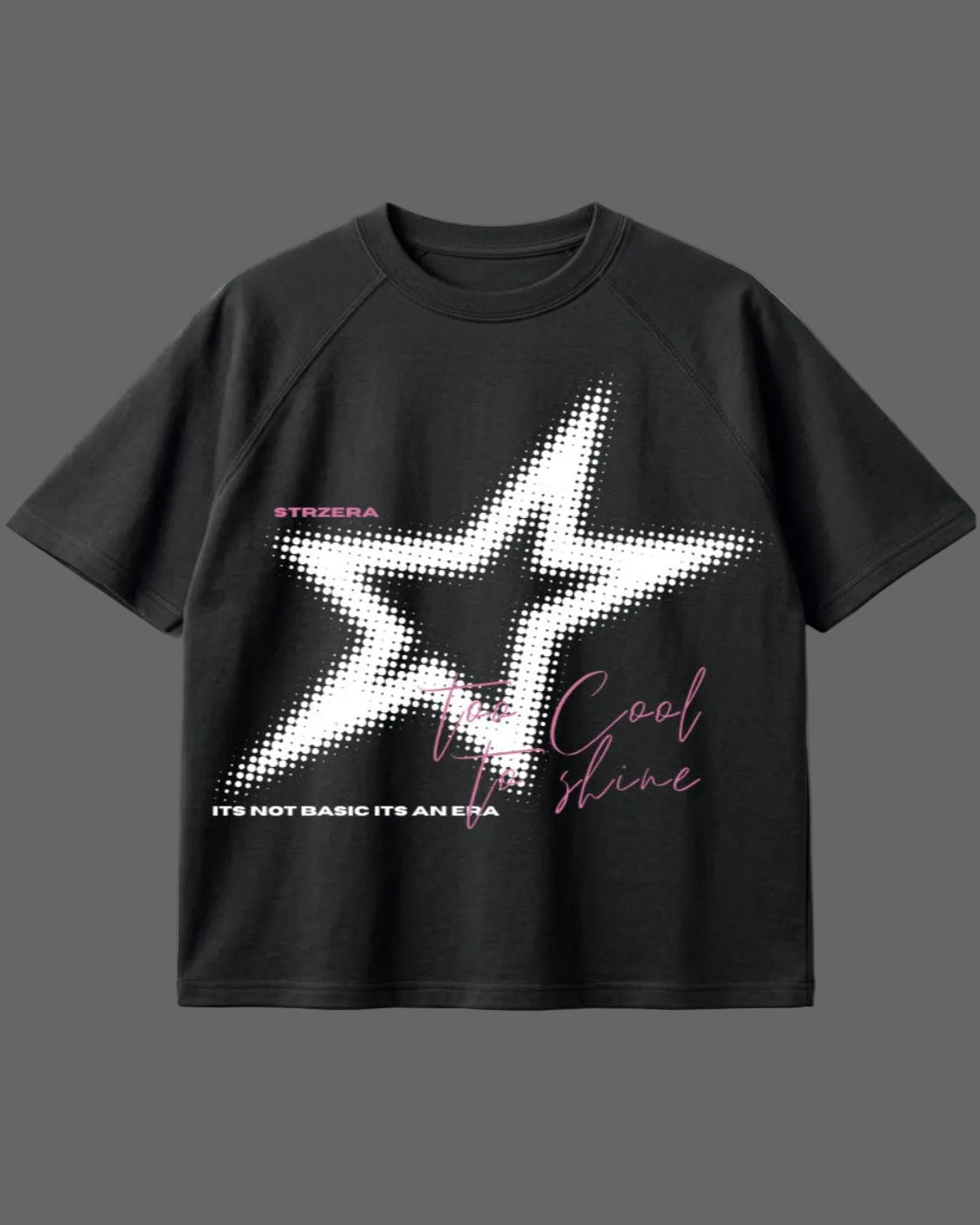 Black t-shirt with a white star design and text on a light gray background