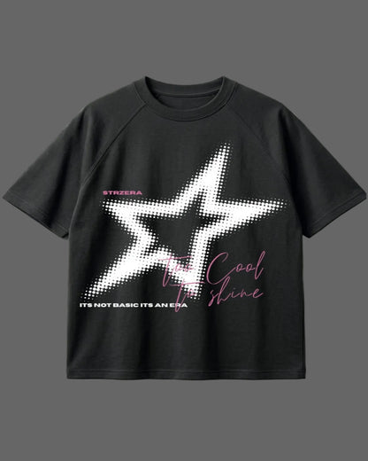 Black t-shirt with a white star design and text on a light gray background