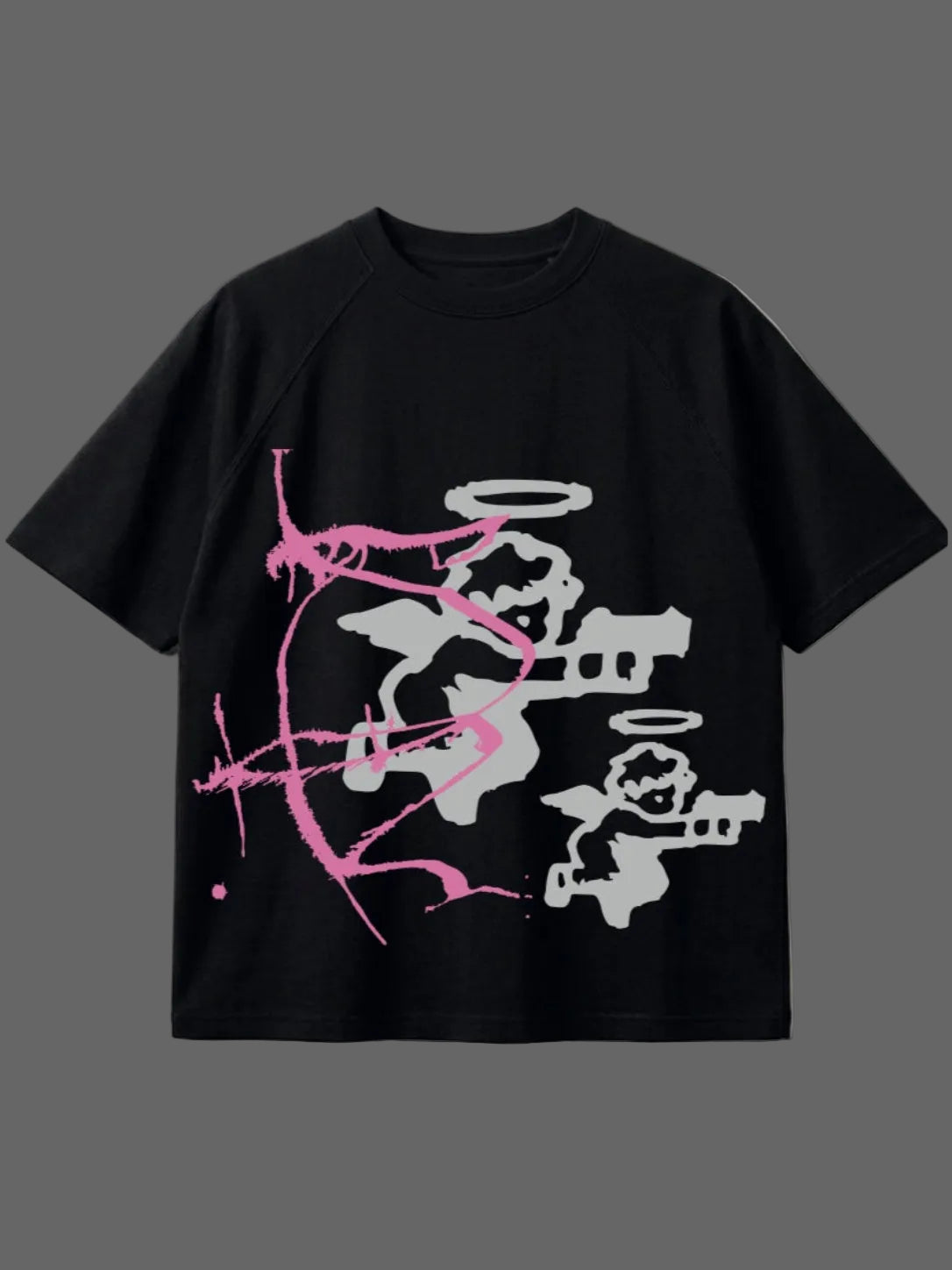 Black t-shirt with pink and white graphic design on a light gray background