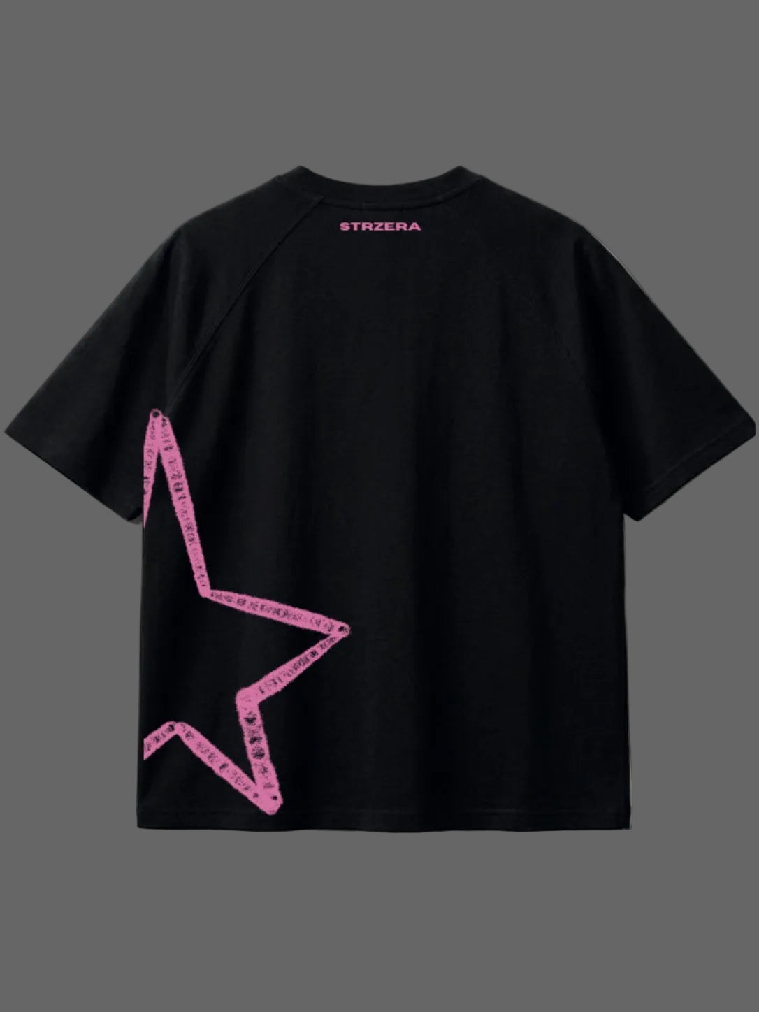Black t-shirt with pink star design on a light gray background