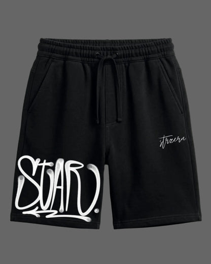 Black shorts with white text on a light gray background