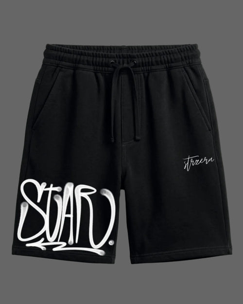 Black shorts with white text on a light gray background