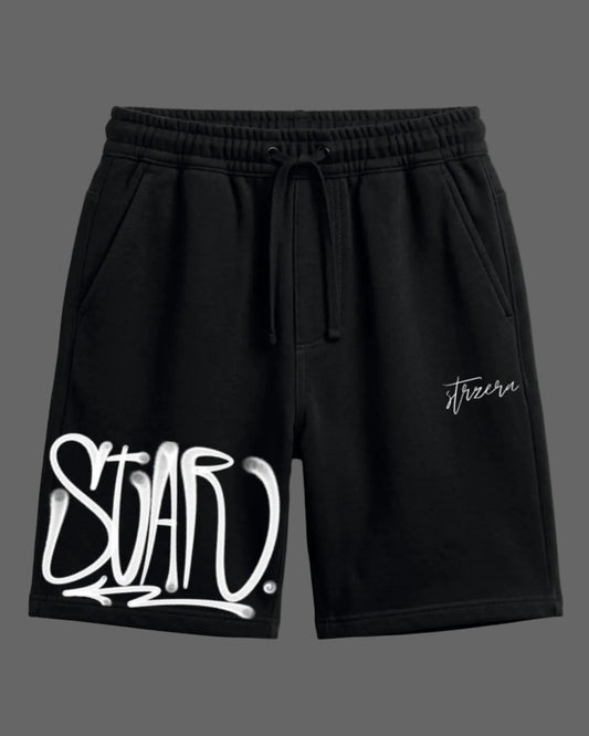 Black shorts with white text on a light gray background