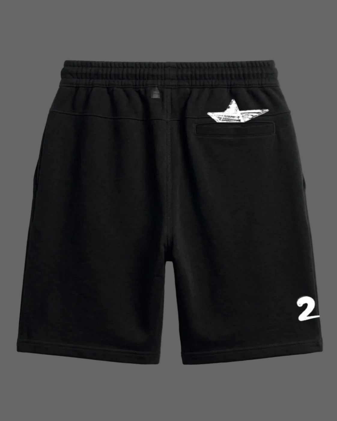 Black shorts with a white logo and number on a light gray background