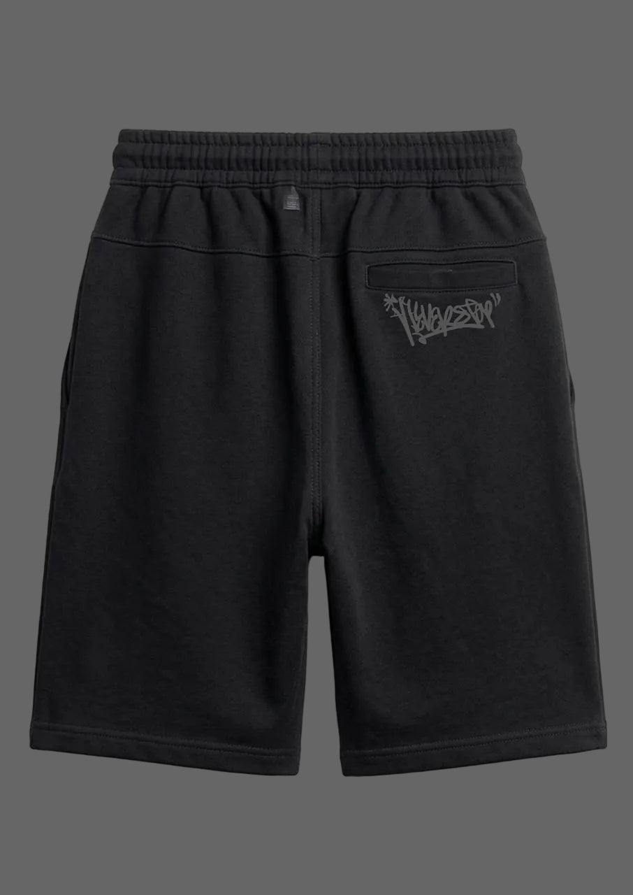 Black shorts with a logo on the back pocket against a light gray background