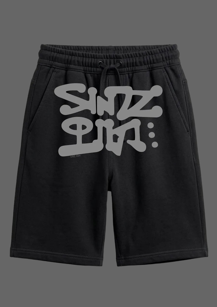 Black shorts with gray text on a white background