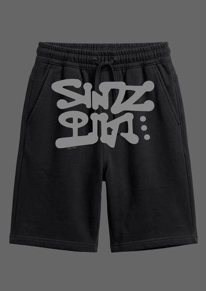 Black shorts with gray text on a white background