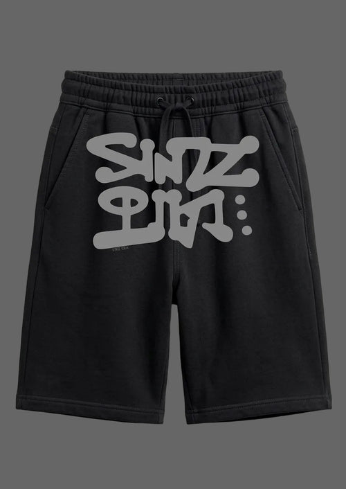 Black shorts with gray text on a white background