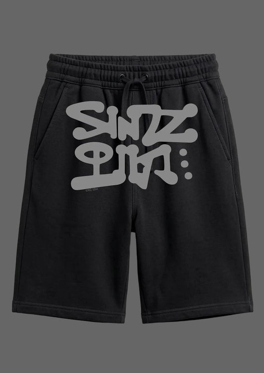 Black shorts with gray text on a white background